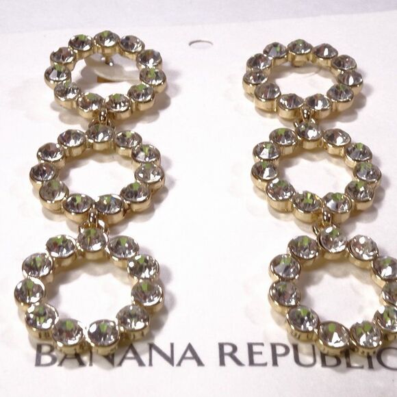 Banana Republic Gold Bold Triple Circles Crystal Link Drop Earrings NWT 48.00 - Picture 7 of 7